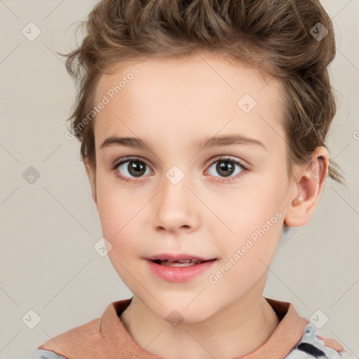 Joyful white child female with short  brown hair and brown eyes