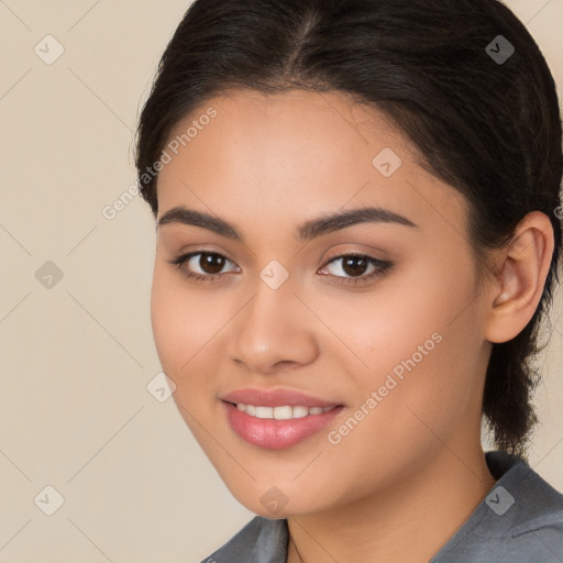 Joyful white young-adult female with long  brown hair and brown eyes