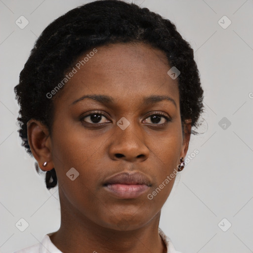 Neutral black young-adult female with short  brown hair and brown eyes