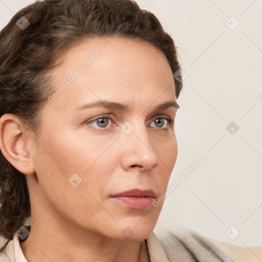 Neutral white young-adult female with short  brown hair and grey eyes