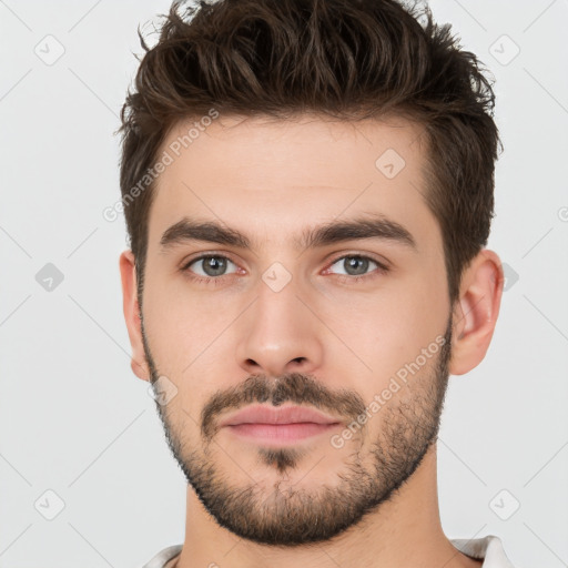 Neutral white young-adult male with short  brown hair and brown eyes