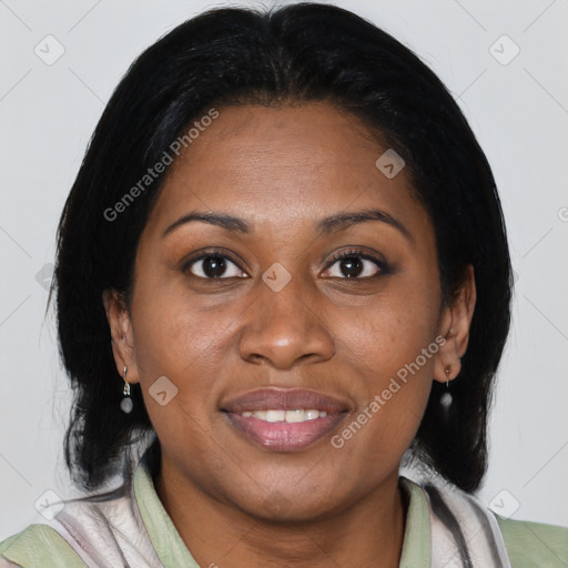 Joyful latino young-adult female with medium  brown hair and brown eyes