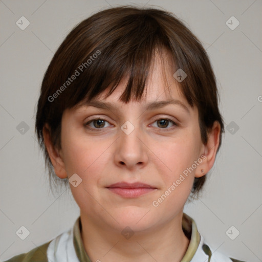 Neutral white young-adult female with medium  brown hair and brown eyes