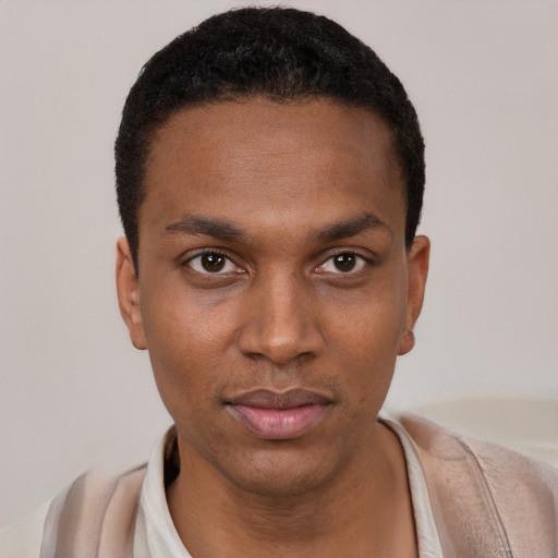 Neutral black young-adult male with short  black hair and brown eyes