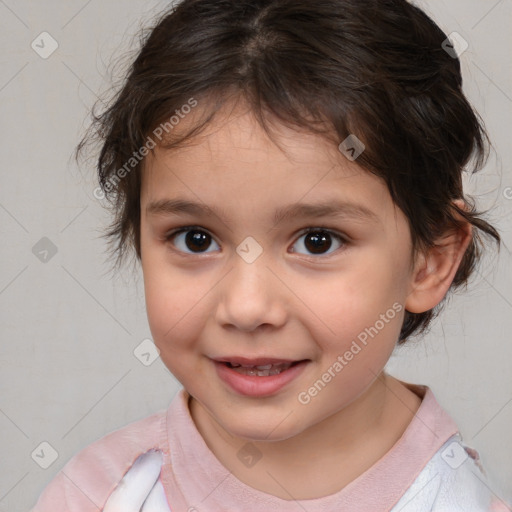 Joyful white child female with medium  brown hair and brown eyes