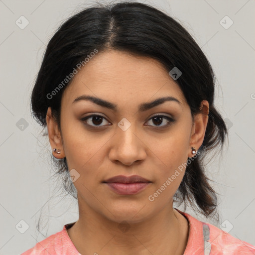 Joyful latino young-adult female with medium  black hair and brown eyes