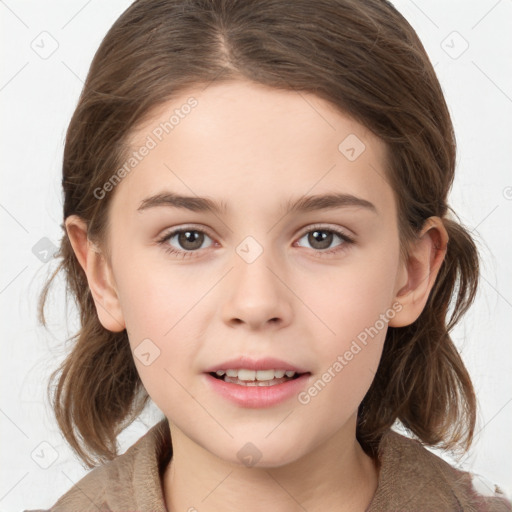 Joyful white child female with medium  brown hair and brown eyes