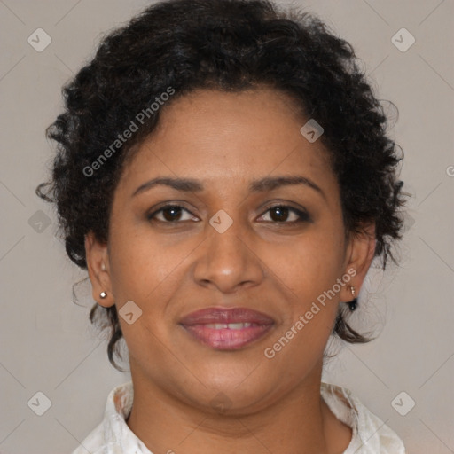 Joyful latino young-adult female with short  brown hair and brown eyes