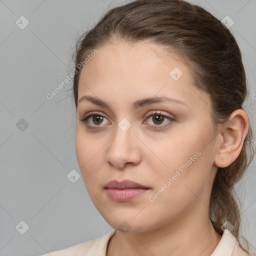 Neutral white young-adult female with medium  brown hair and brown eyes