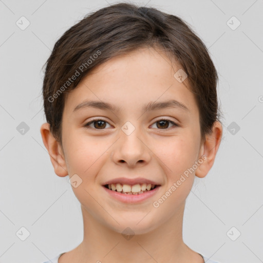 Joyful white child female with short  brown hair and brown eyes