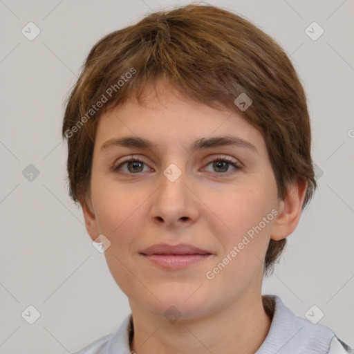 Neutral white young-adult female with short  brown hair and brown eyes