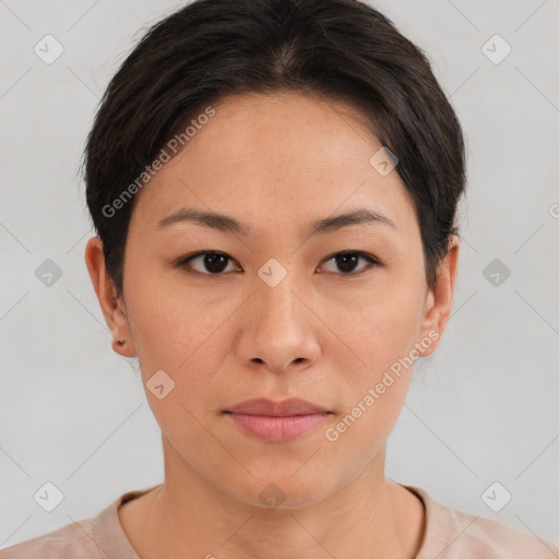 Neutral asian young-adult female with short  brown hair and brown eyes