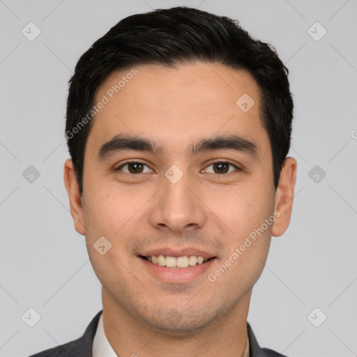 Joyful white young-adult male with short  black hair and brown eyes