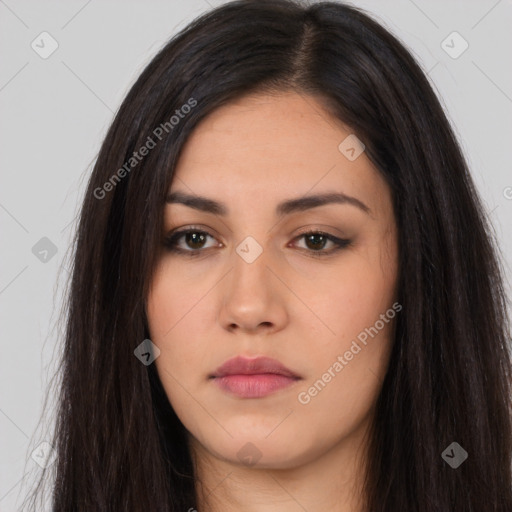 Neutral white young-adult female with long  brown hair and brown eyes