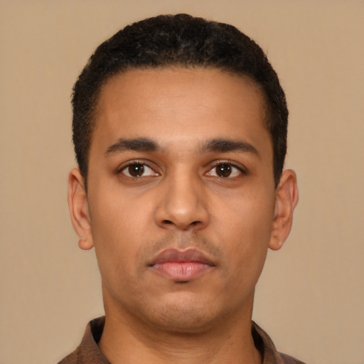 Neutral latino young-adult male with short  brown hair and brown eyes
