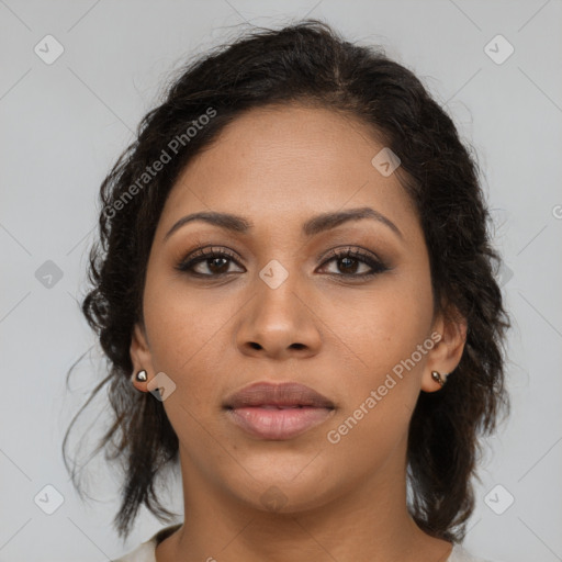 Neutral latino young-adult female with medium  brown hair and brown eyes