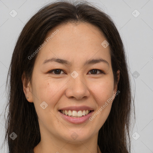 Joyful white young-adult female with long  brown hair and brown eyes