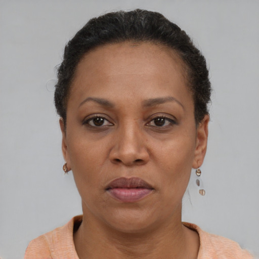Neutral black adult female with short  brown hair and brown eyes
