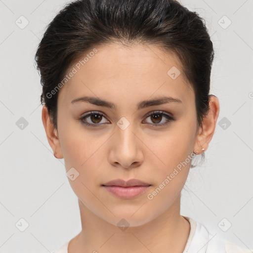 Neutral white young-adult female with medium  brown hair and brown eyes