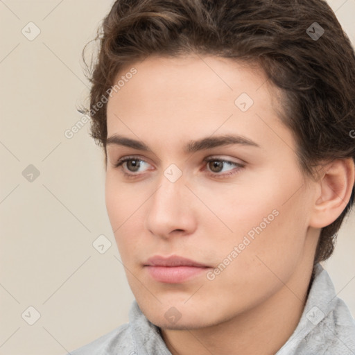 Neutral white young-adult female with short  brown hair and brown eyes