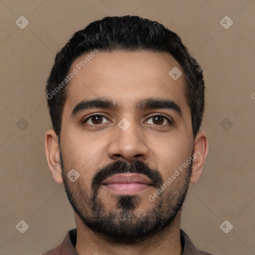 Neutral latino young-adult male with short  black hair and brown eyes