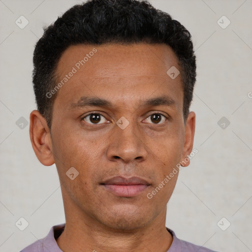 Neutral latino adult male with short  brown hair and brown eyes