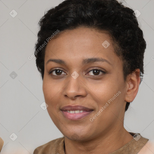 Joyful latino young-adult female with short  brown hair and brown eyes