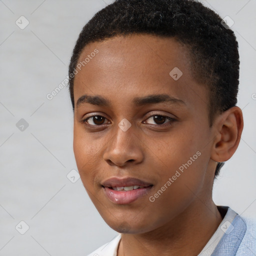 Joyful black young-adult male with short  brown hair and brown eyes