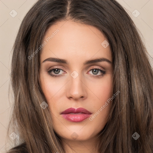 Neutral white young-adult female with long  brown hair and brown eyes