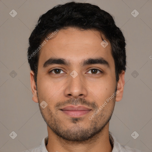 Neutral latino young-adult male with short  black hair and brown eyes