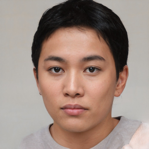 Neutral asian young-adult female with short  black hair and brown eyes