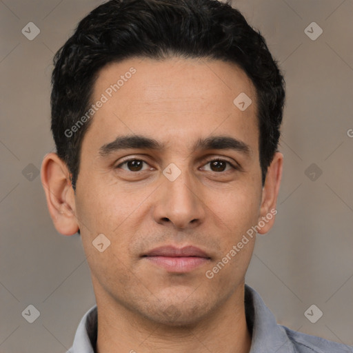 Neutral white young-adult male with short  black hair and brown eyes