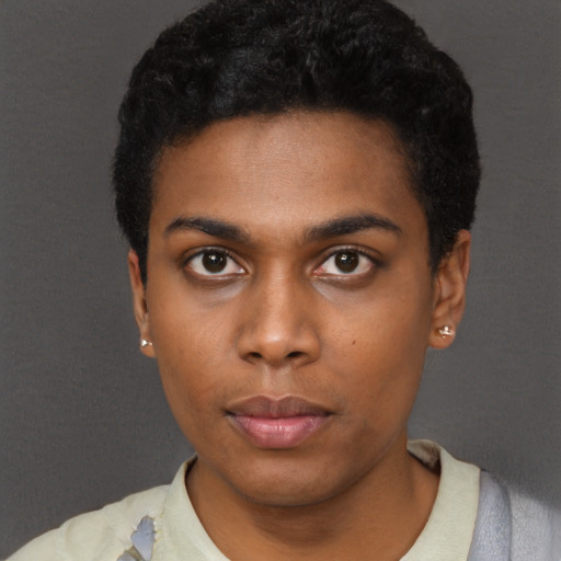 Neutral black young-adult male with short  black hair and brown eyes