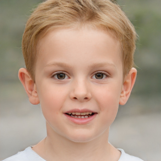 Joyful white child female with short  brown hair and brown eyes