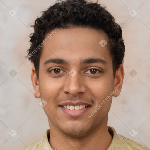 Joyful latino young-adult male with short  brown hair and brown eyes