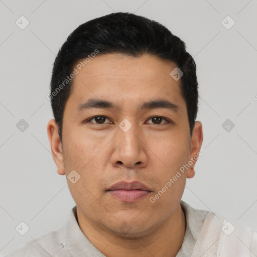 Neutral asian young-adult male with short  black hair and brown eyes