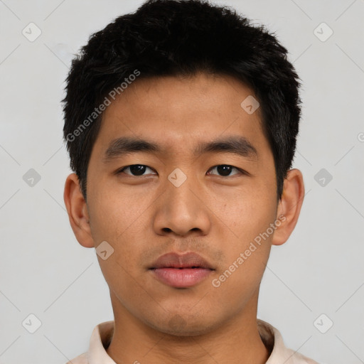 Neutral asian young-adult male with short  black hair and brown eyes