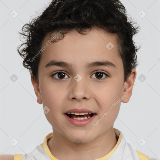 Joyful white child male with short  brown hair and brown eyes