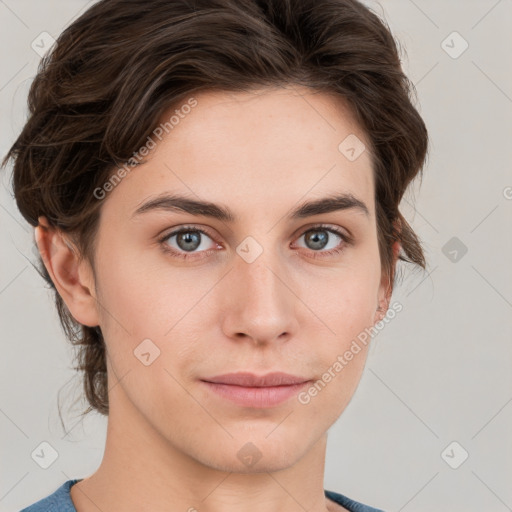 Neutral white young-adult female with medium  brown hair and grey eyes