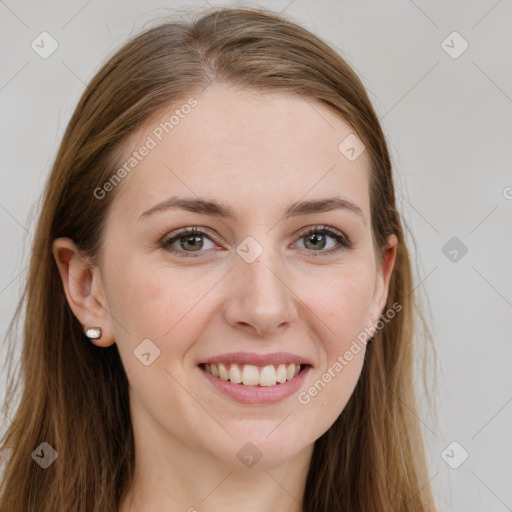 Joyful white young-adult female with long  brown hair and grey eyes