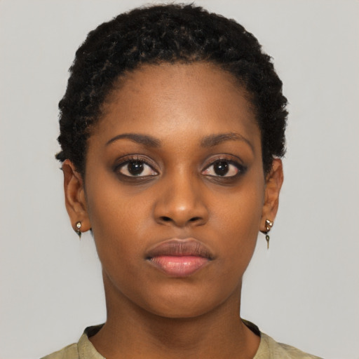 Neutral black young-adult female with short  black hair and brown eyes