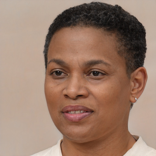Joyful black adult female with short  brown hair and brown eyes