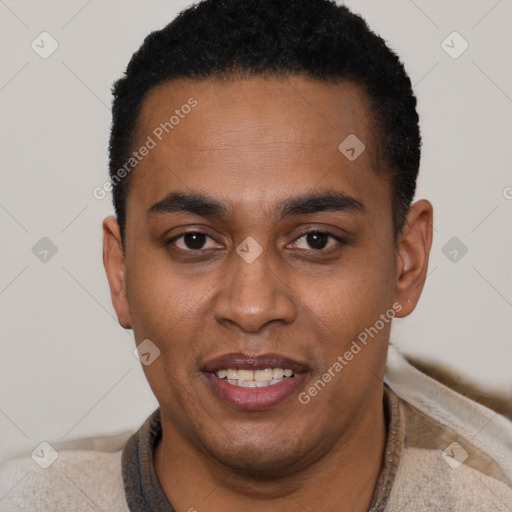 Joyful black young-adult male with short  black hair and brown eyes
