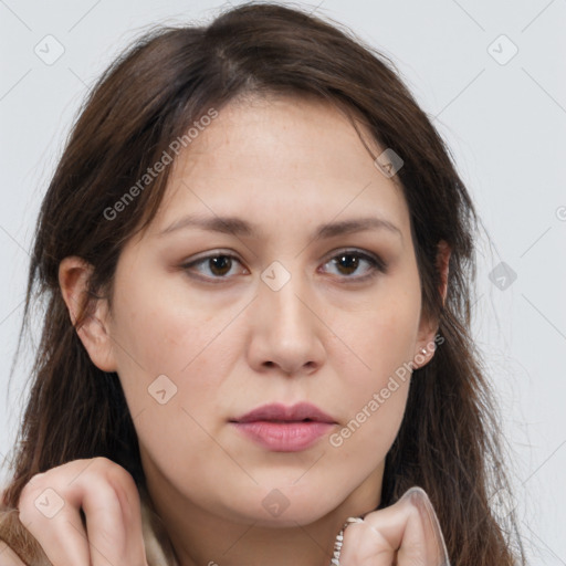 Neutral white young-adult female with medium  brown hair and brown eyes