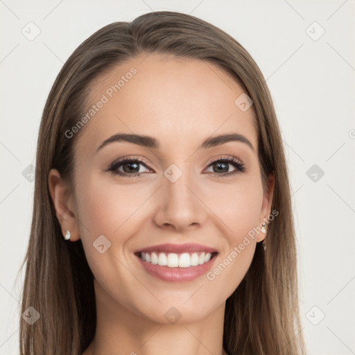 Joyful white young-adult female with long  brown hair and grey eyes