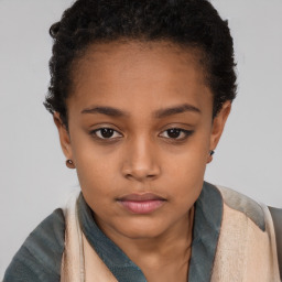 Neutral black young-adult female with short  brown hair and brown eyes