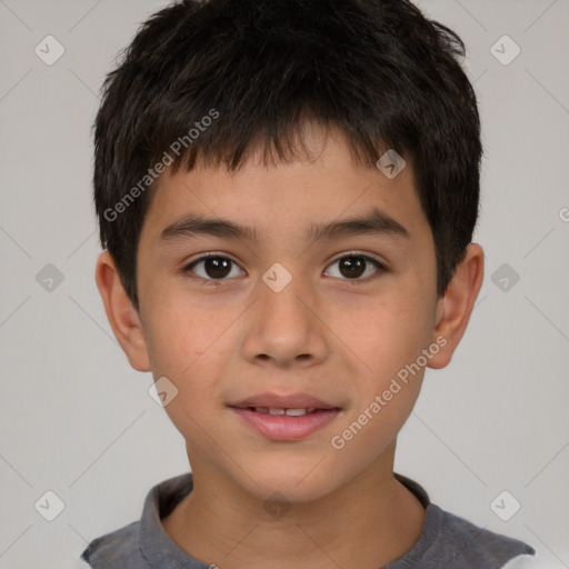 Joyful white child male with short  brown hair and brown eyes