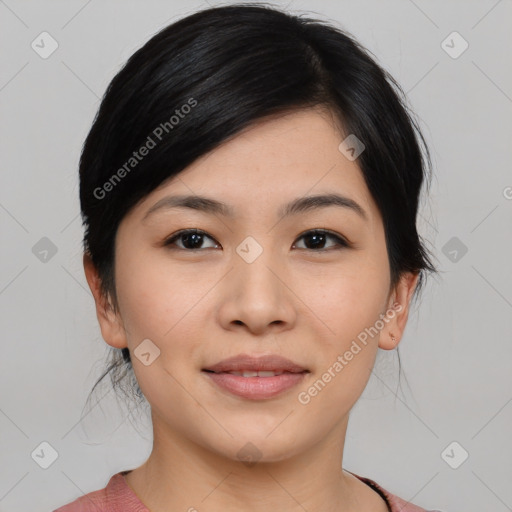 Joyful asian young-adult female with medium  black hair and brown eyes