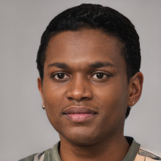 Neutral black young-adult male with short  black hair and brown eyes