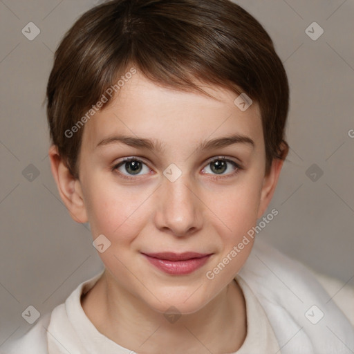 Joyful white child female with medium  brown hair and grey eyes